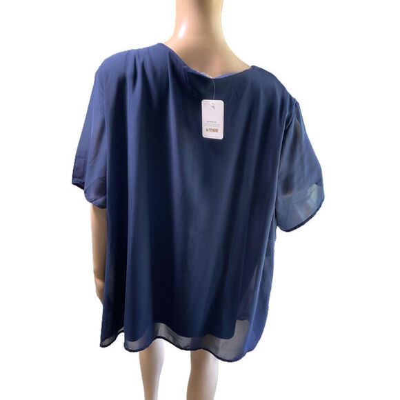 NWT Tamsy Navy Blue Sheer Fabric Loose Fit Round Neck Womens Blouse Size 3X - Picture 7 of 13